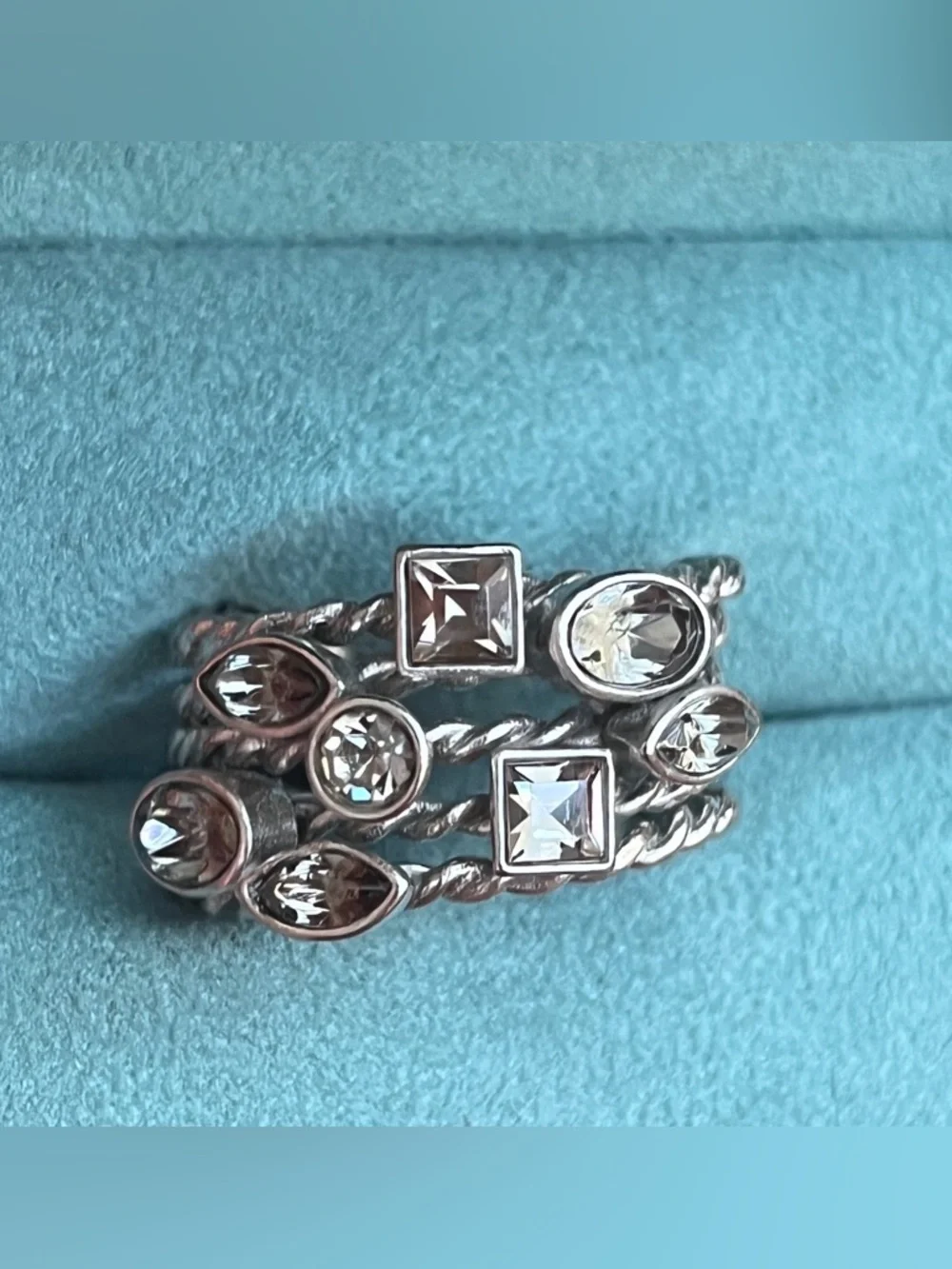 Silver-Tone Adjustable Wrap Cocktail Ring Multi-Row Twisted Rope Clear Crystals